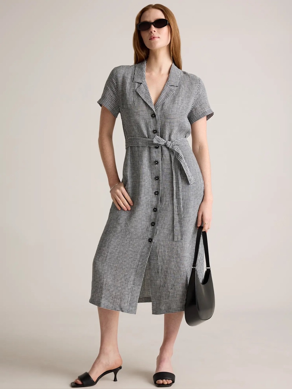 Quince 100% European Linen Button Front Midi Dress in Classic Mini Gingham Print